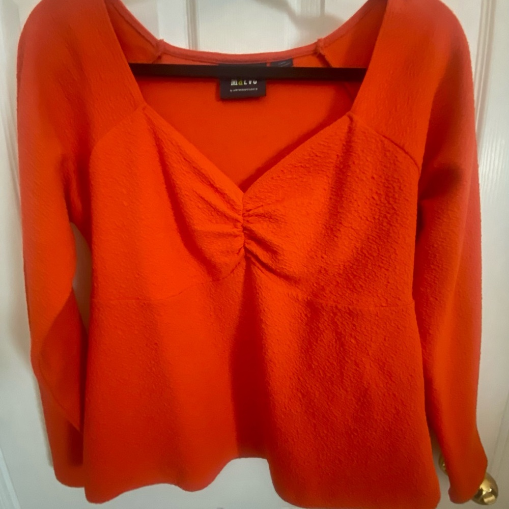Anthropologie Maeve Orange Long Sleeve Sweetheart Neck Shirt, Size Large